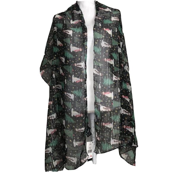 Cejon Christmas Tree Snowman Scarf Wrap Oversized Chiffon Black Silver #MQ25 - Picture 1 of 7